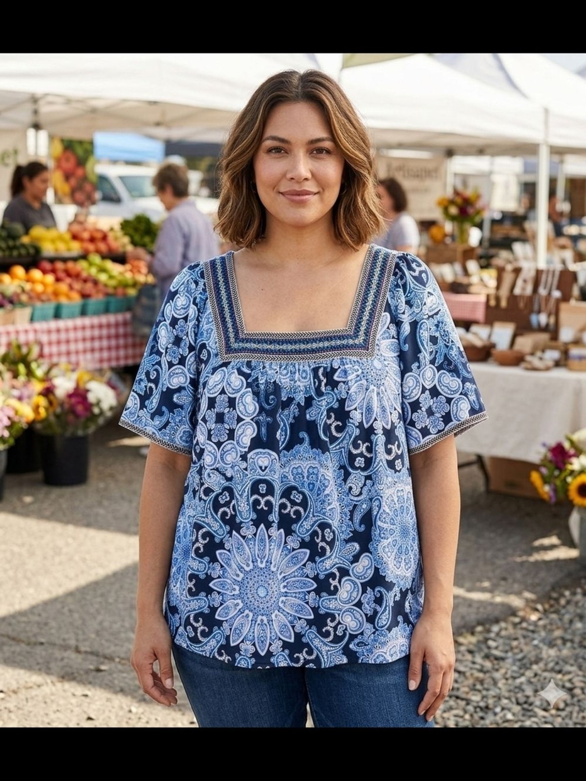 Square-Neck Paisley Print Women’s Blouse in Blue XL