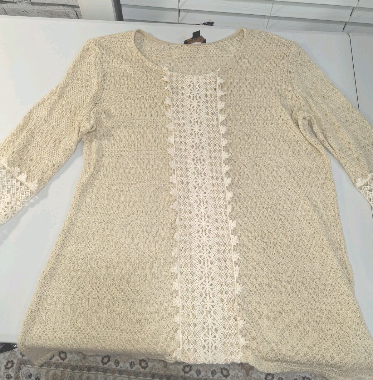Cal Style Beige Asymmetrical Crochet Lace Boho Peasant Top Romantic Bell sleeve