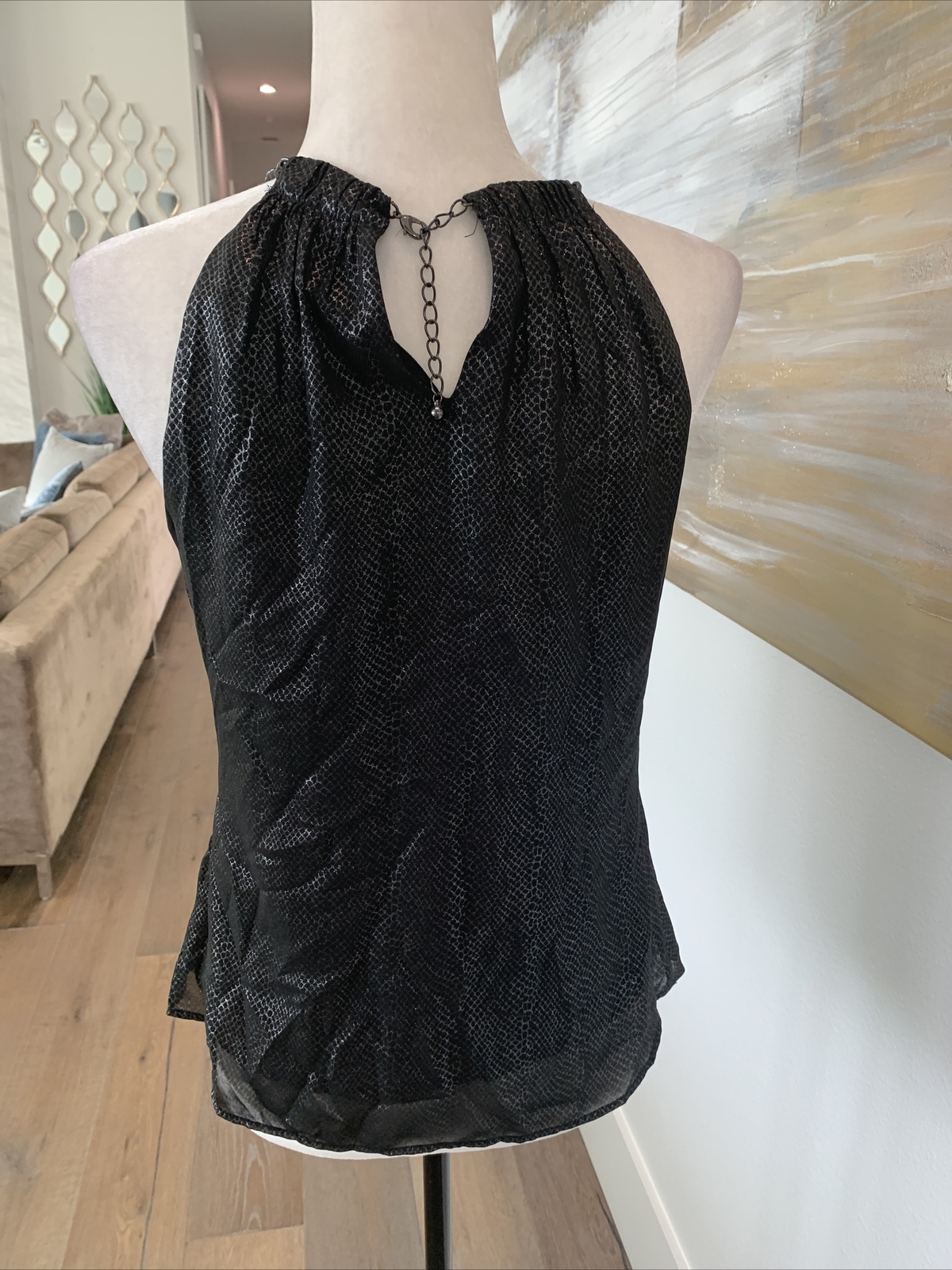 Cache blouse tank lined chain strap sz sm shimmer python print black