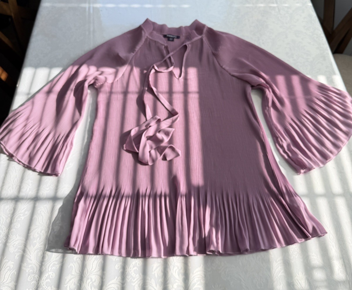 Roaman’s 18W Pink Pleated Blouse Bell Sleeve Tie Neck Stretch Elegant Plus Size