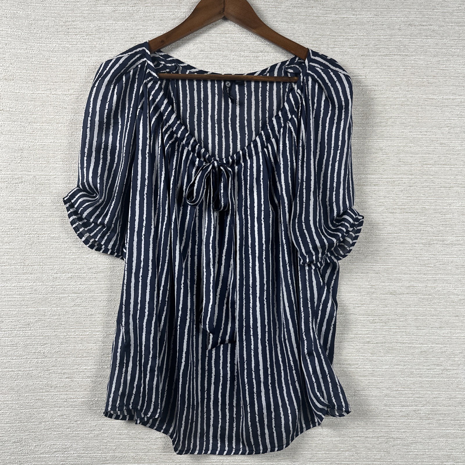 Milano Womens XL Tie Neck Blouse Business Casual Career Navy Striped Coastal