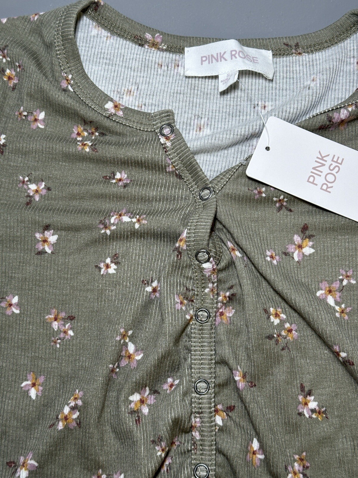 Pink Rose Floral Crop Top, Olive, Green Pink Flowers, Size Small New #2