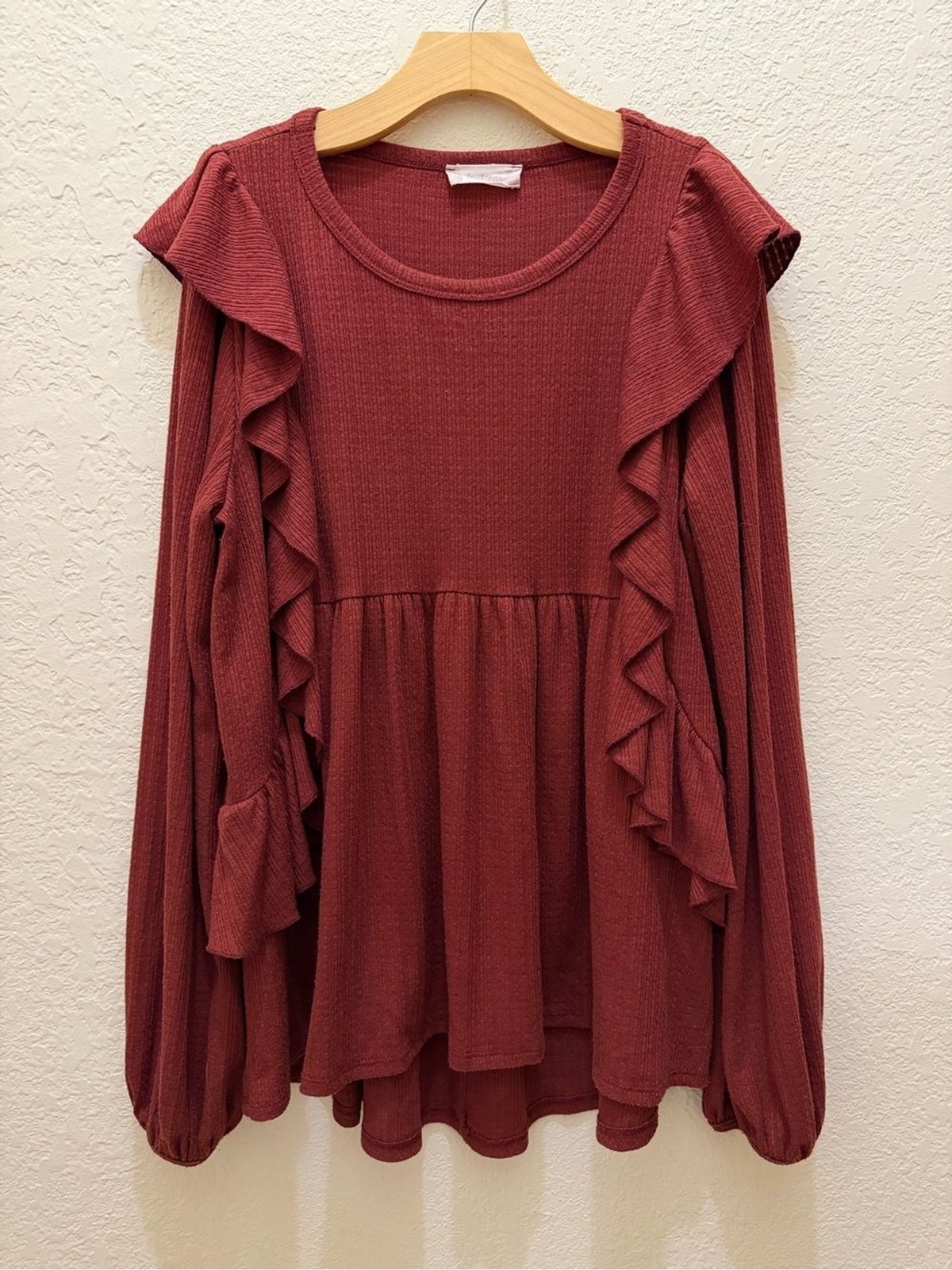 Altar’d State Burgundy Ribbed Long Sleeve Ruffle Babydoll Top Flowy