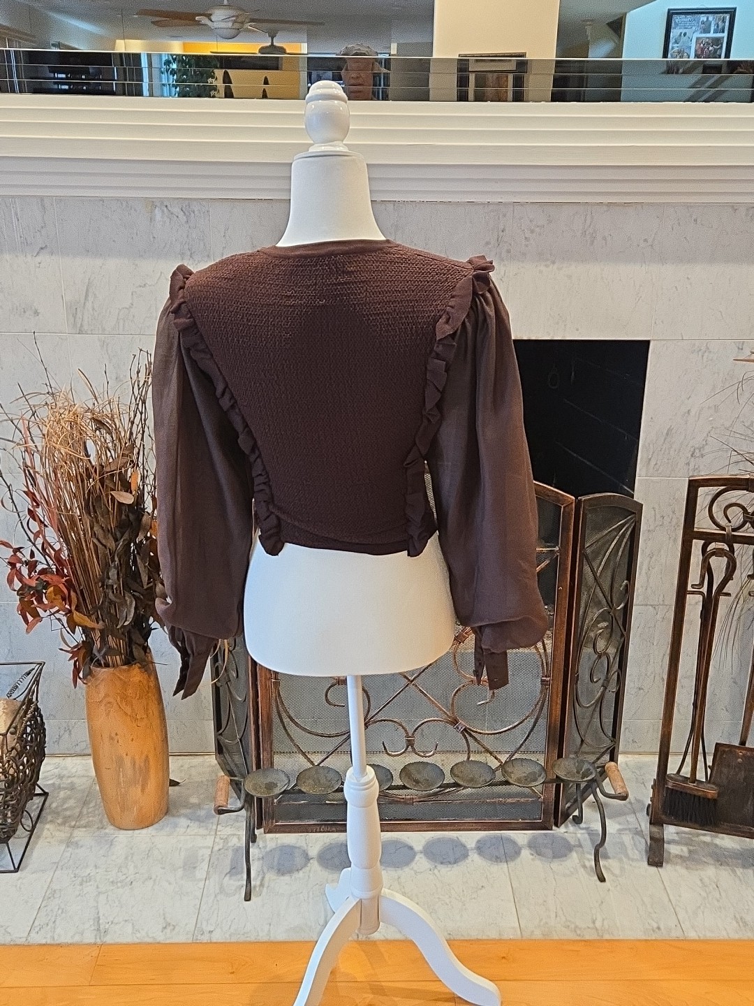 ZARA Women Organza Balloon Sleeve Brown Shirred Crop Top Shirt Size Small Ruffle