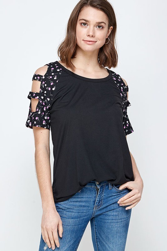Solid Top with Floral Design Cut-Out Ladder Sleeve ~ Size Small