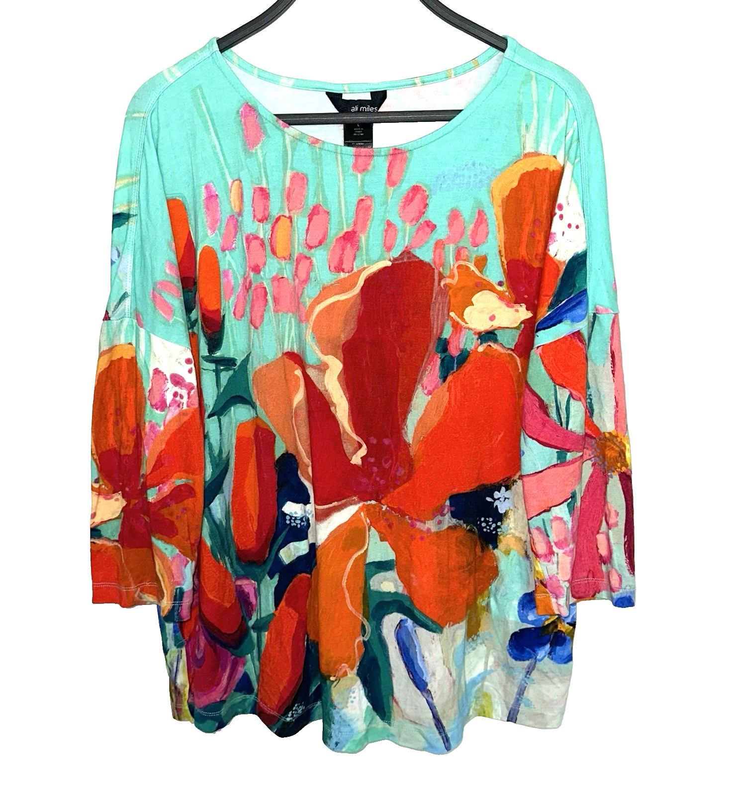 ALI MILES Size Large Pullover Tunic Top Colorful Floral Artistic Painting Boho