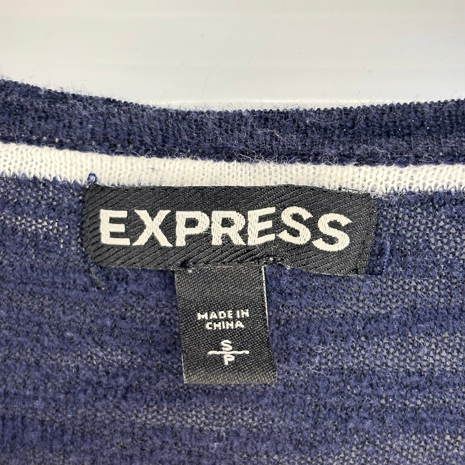 Express Womens S Navy White Striped Knit Top Side Ruched Drawstring 3/4 Sleeve