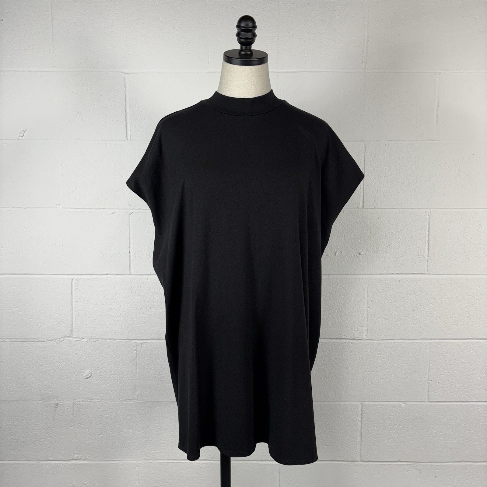 EILEEN FISHER Black Stretch Jersey Long Top Mock Neck Boxy Fit Thigh Length S