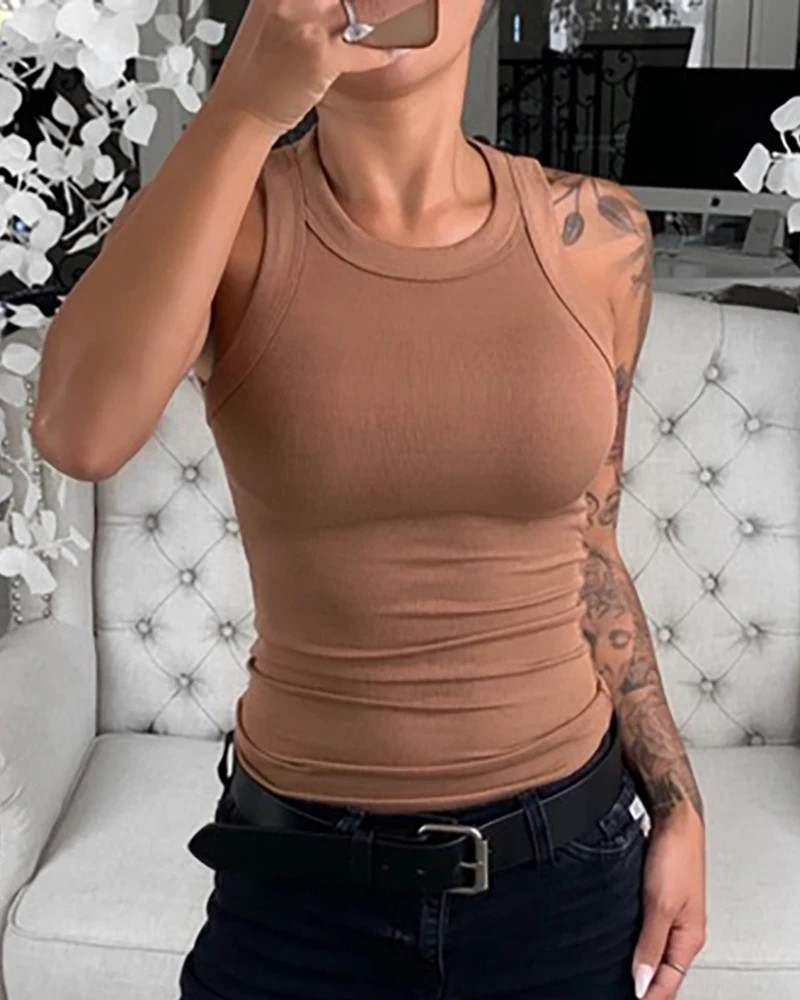 Mujer Top Sin Mangas Acanalado Liso Cuello Redondo Elástico Verano Básico