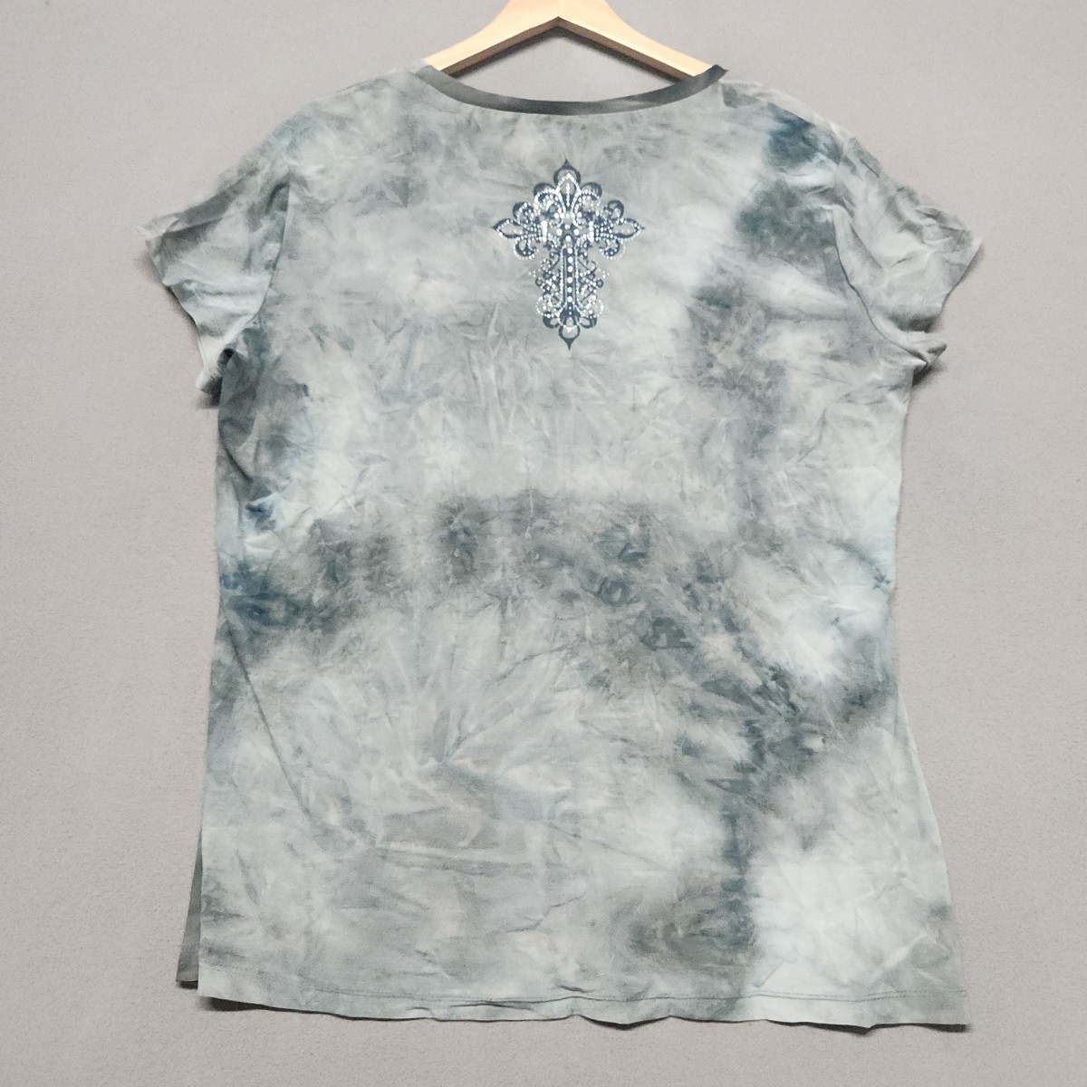 Unknown Brand Blue Graphic Rhinestone Cross Cotton Blend Short Sleeve T-Shirt