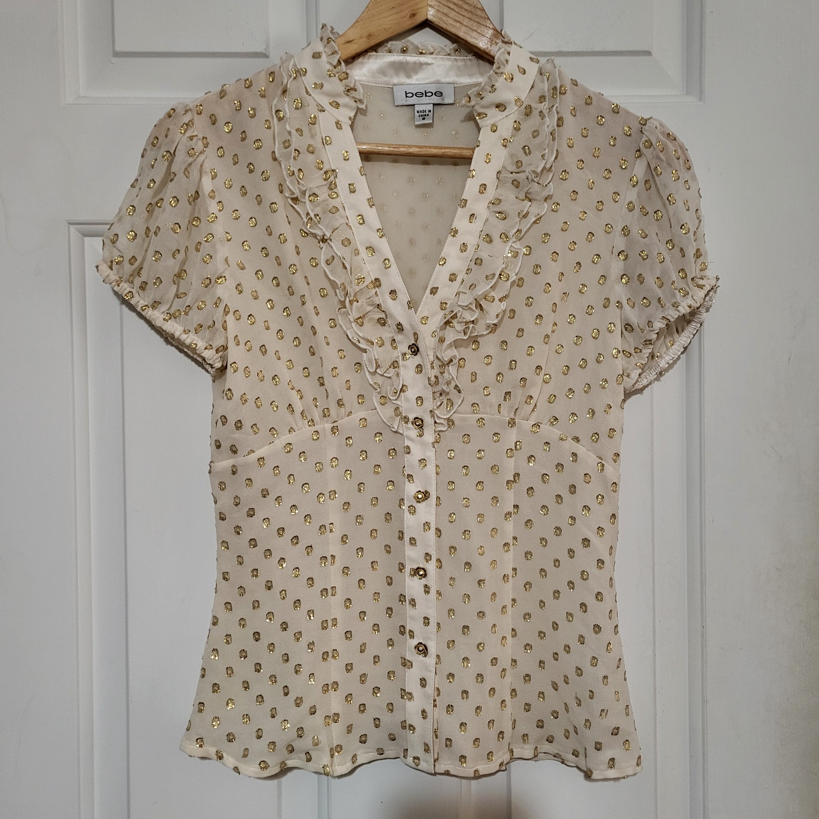 Bebe Cream Gold Ruffle Short Sleeve Button Front Semi Sheer Silk Blouse Size S