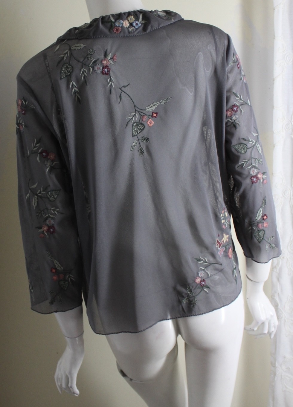 j.jill S Gray Vintage Frilly Embroidered Feminine Mesh Cardigan Topper Jacket