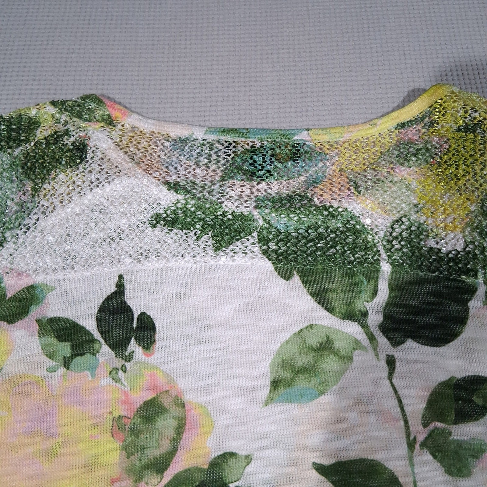 Melissa Paige Petite Floral Lace Yoke Ruffle Top Green Yellow Rose Cottagecore