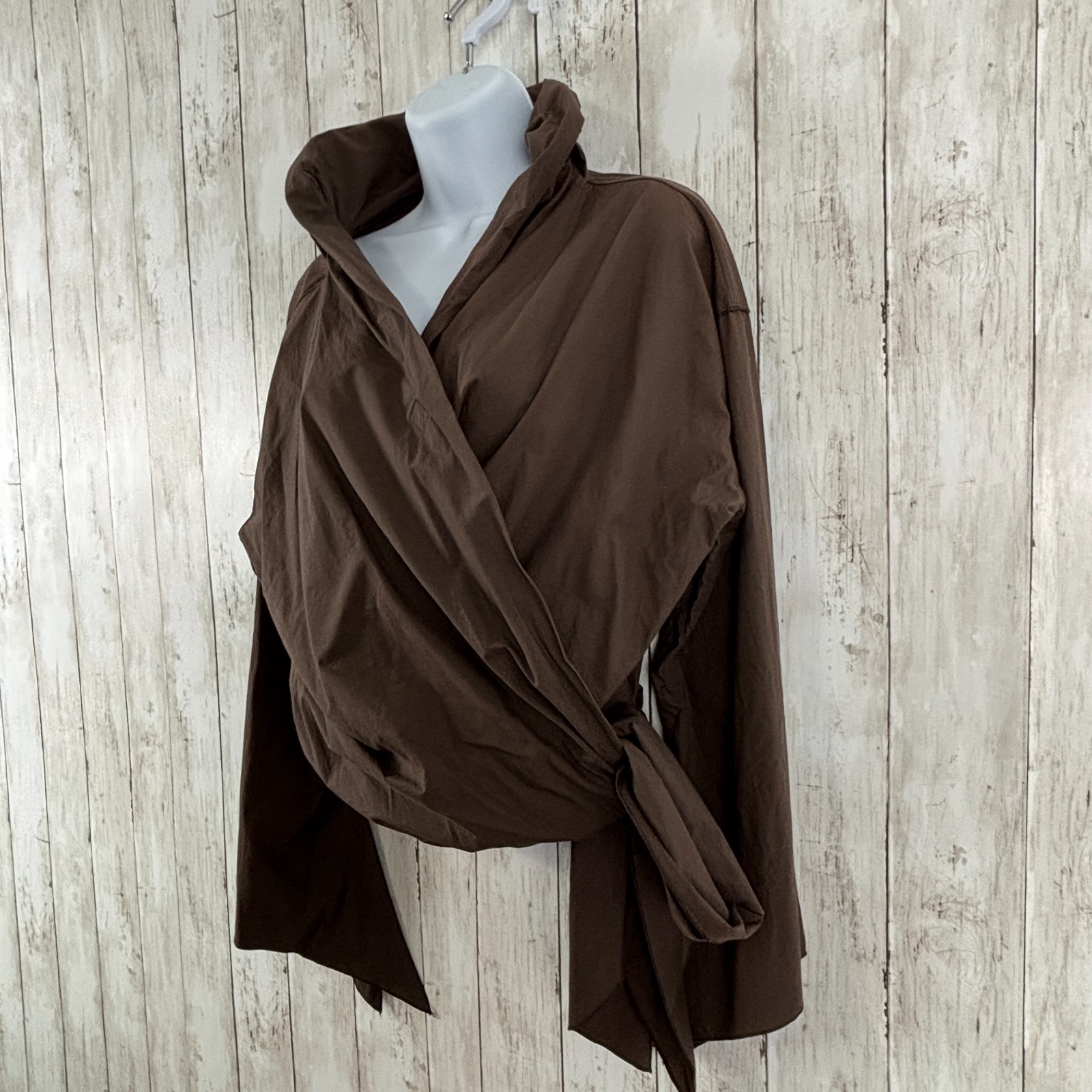 ANNETTE GORTZ Blouse Chocolate Brown Top Blouse V Neck Wrap Flare Sleeve 38/M