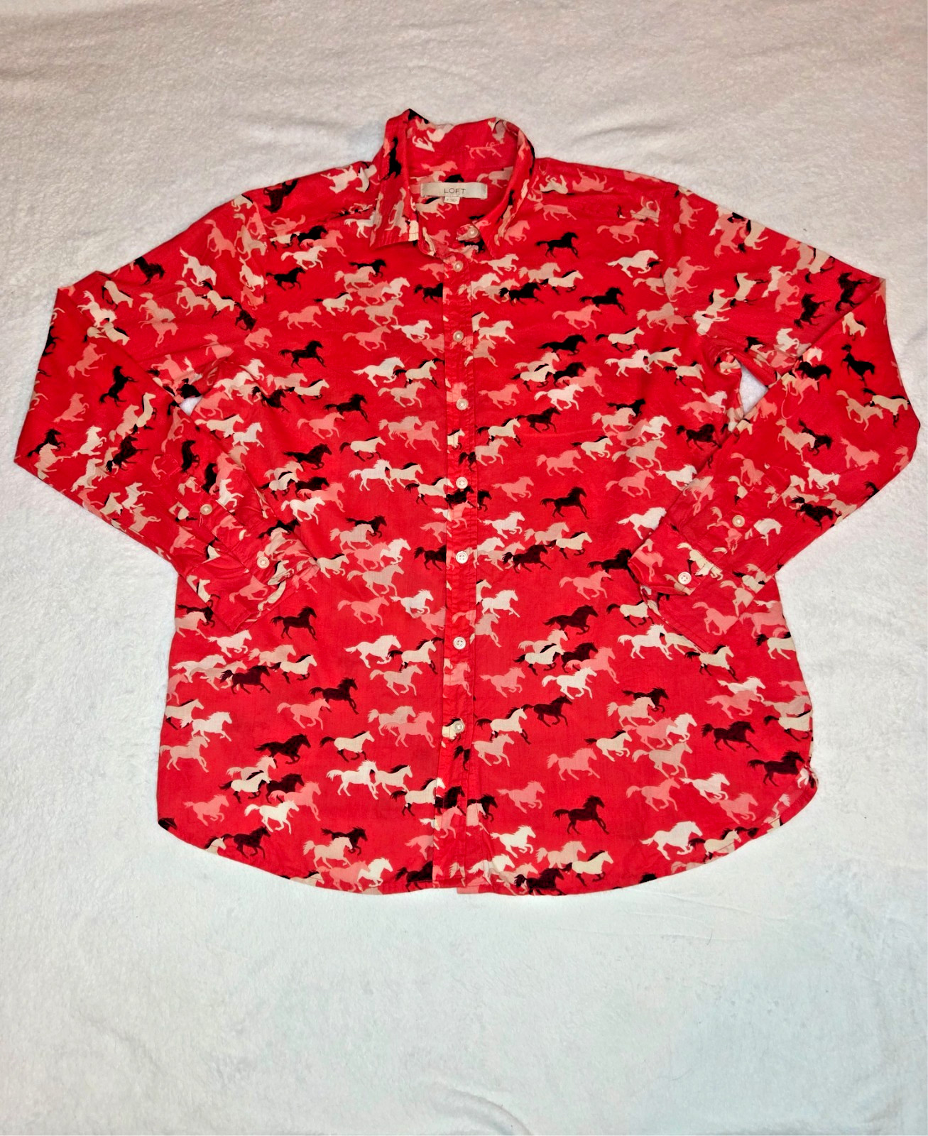 LOFT Shirt Womens Small Red Cotton Long Sleeve Horse Print Button Up Equestrian