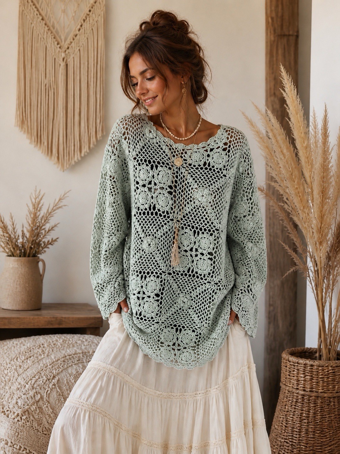 NWT A M Collection Handknit Crochet Ramie Cotton Blouse Sweater Sage Green M