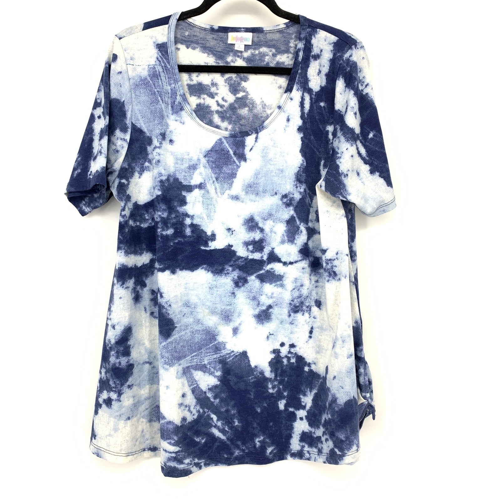 LuLaRoe Women’s Tunic Top L Indigo Blue Tie Dye Bleach Wash Knotted Hem Shirt