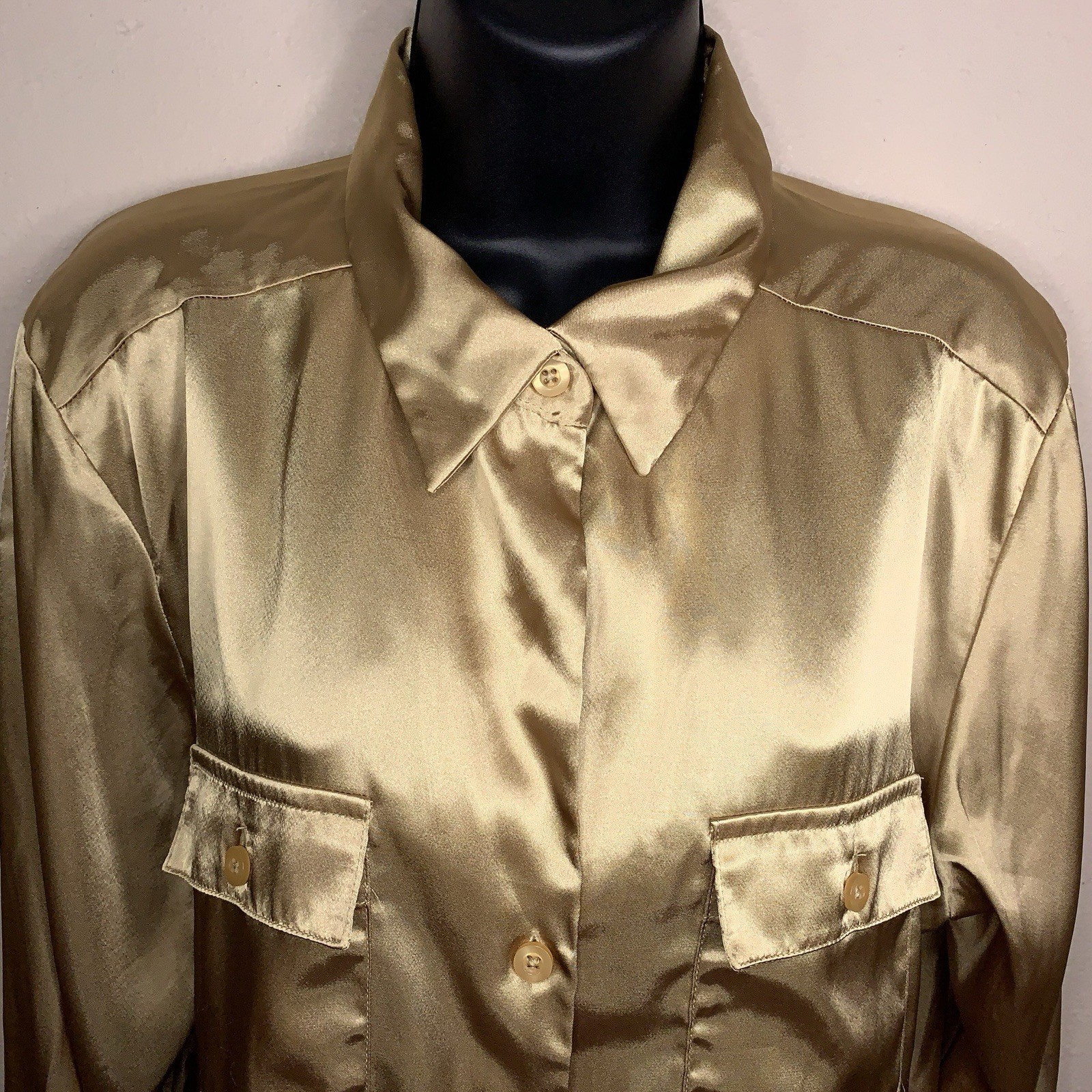 Vintage 90s Era Requirements Gold Satin Roll Tab Blouse Top Tunic Length