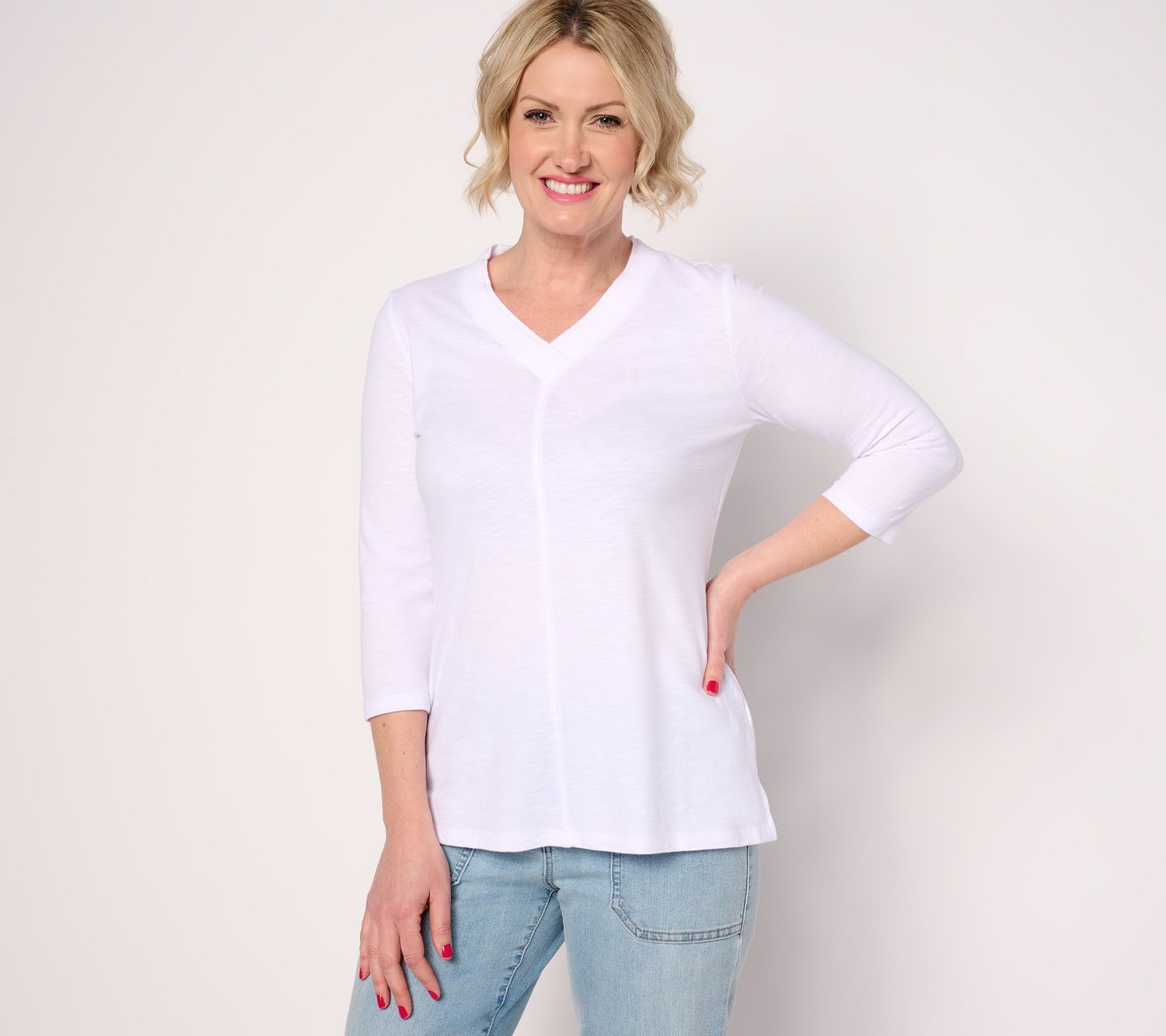 Belle by Kim Gravel Women’s Top Sz L TripleLuxe Linen V-Neck Sleeve White