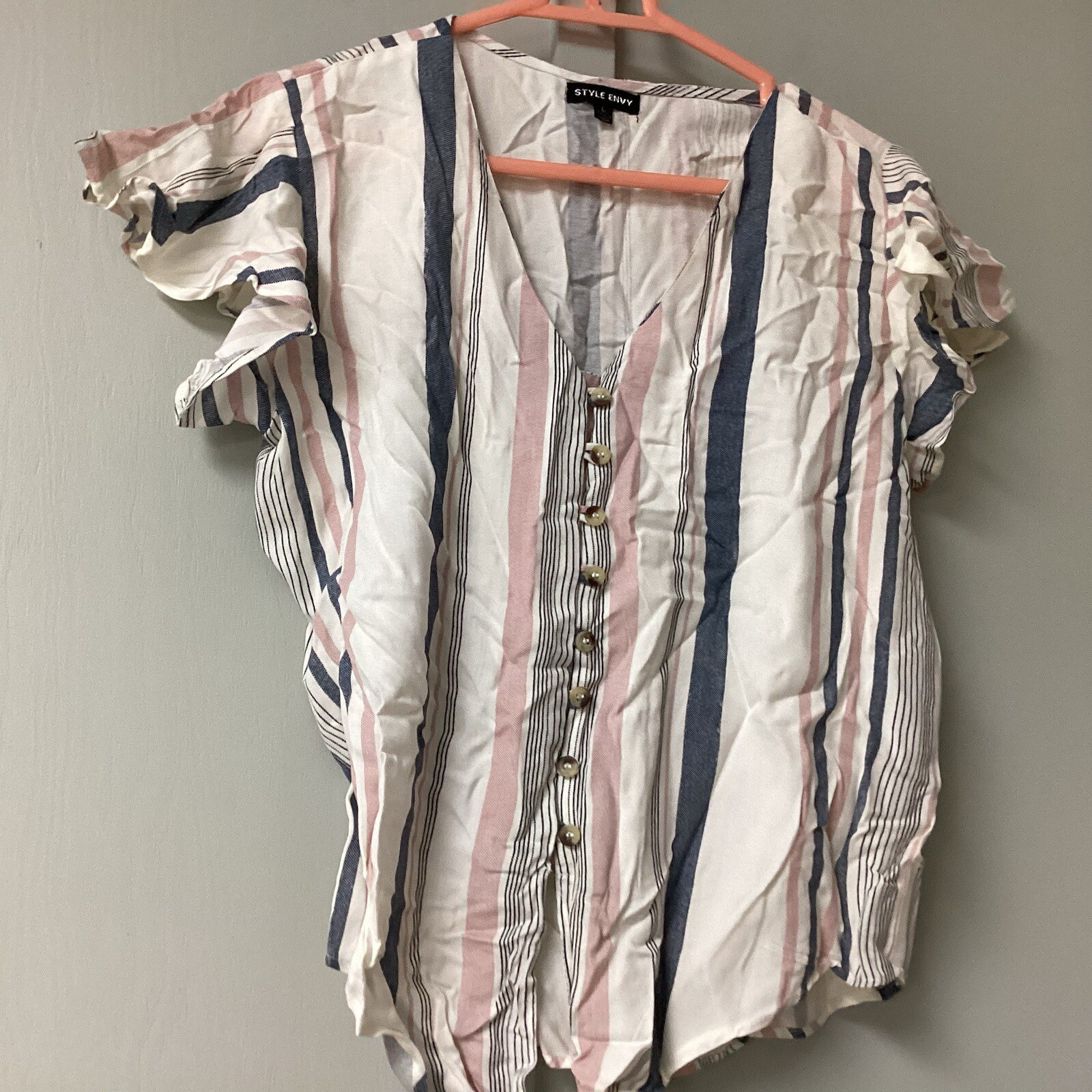 Style Envy Size Large Striped Button Blouse Women’s Short Fluttter Sleeves Tie
