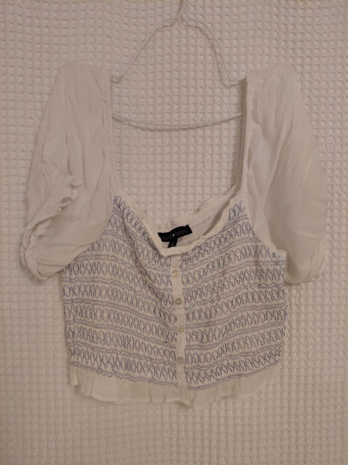 White with light blue detail crop Top- L- Derek heart