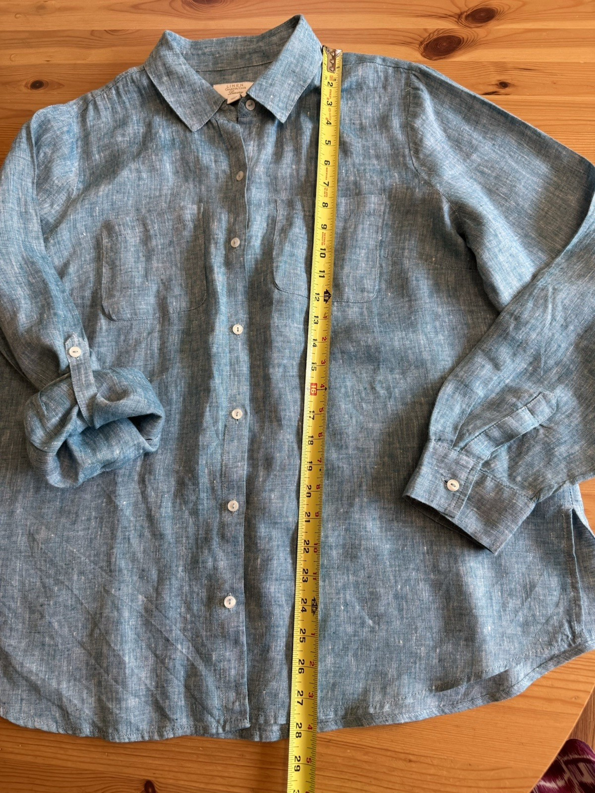 New No Tag Charter Club Luxury Women Linen Roll-tab Sleev Button Blue Shirt Sz L