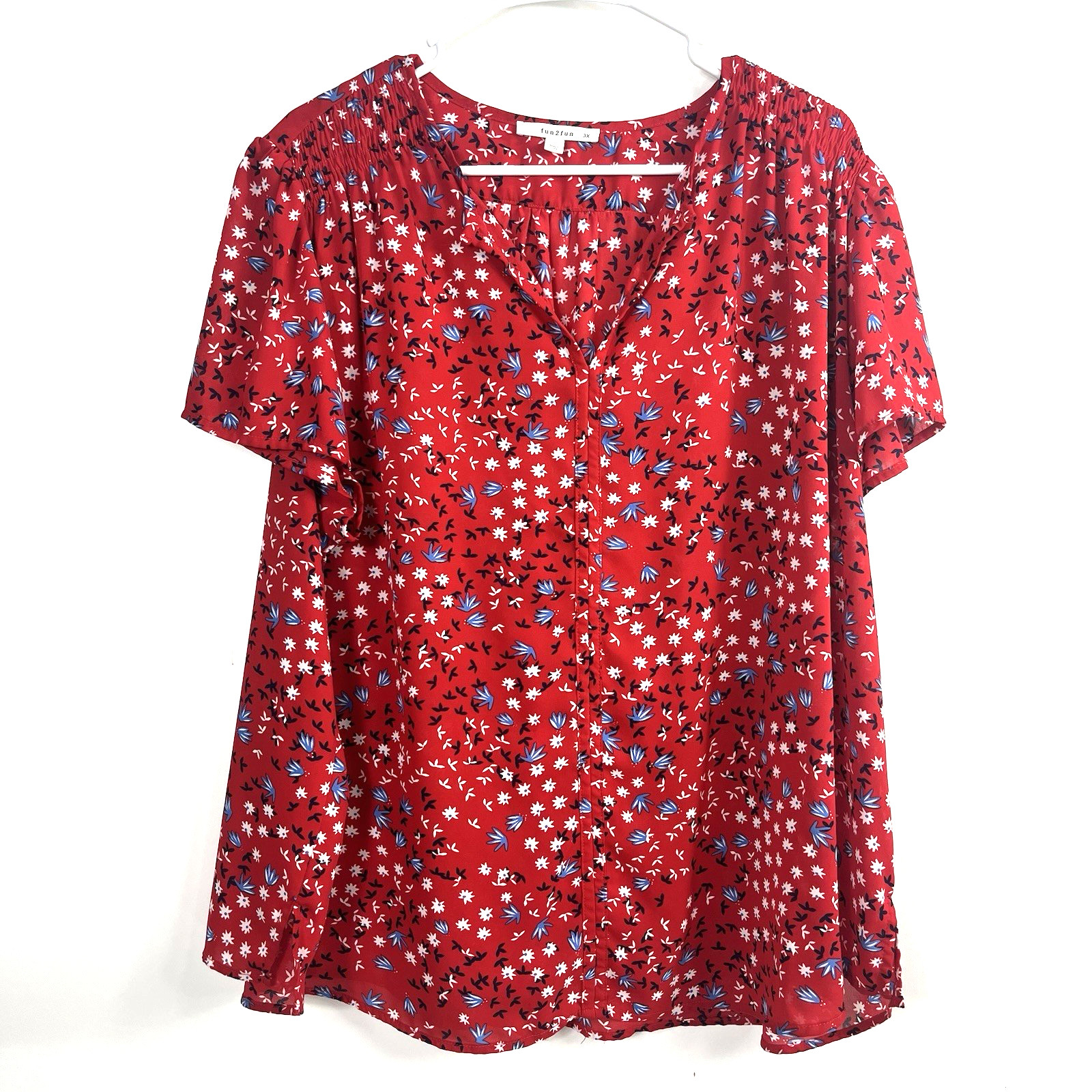 Women’s Fun2Fun Round Split Neck Red White Blue Floral Short Causal Sleeve Sz 3X