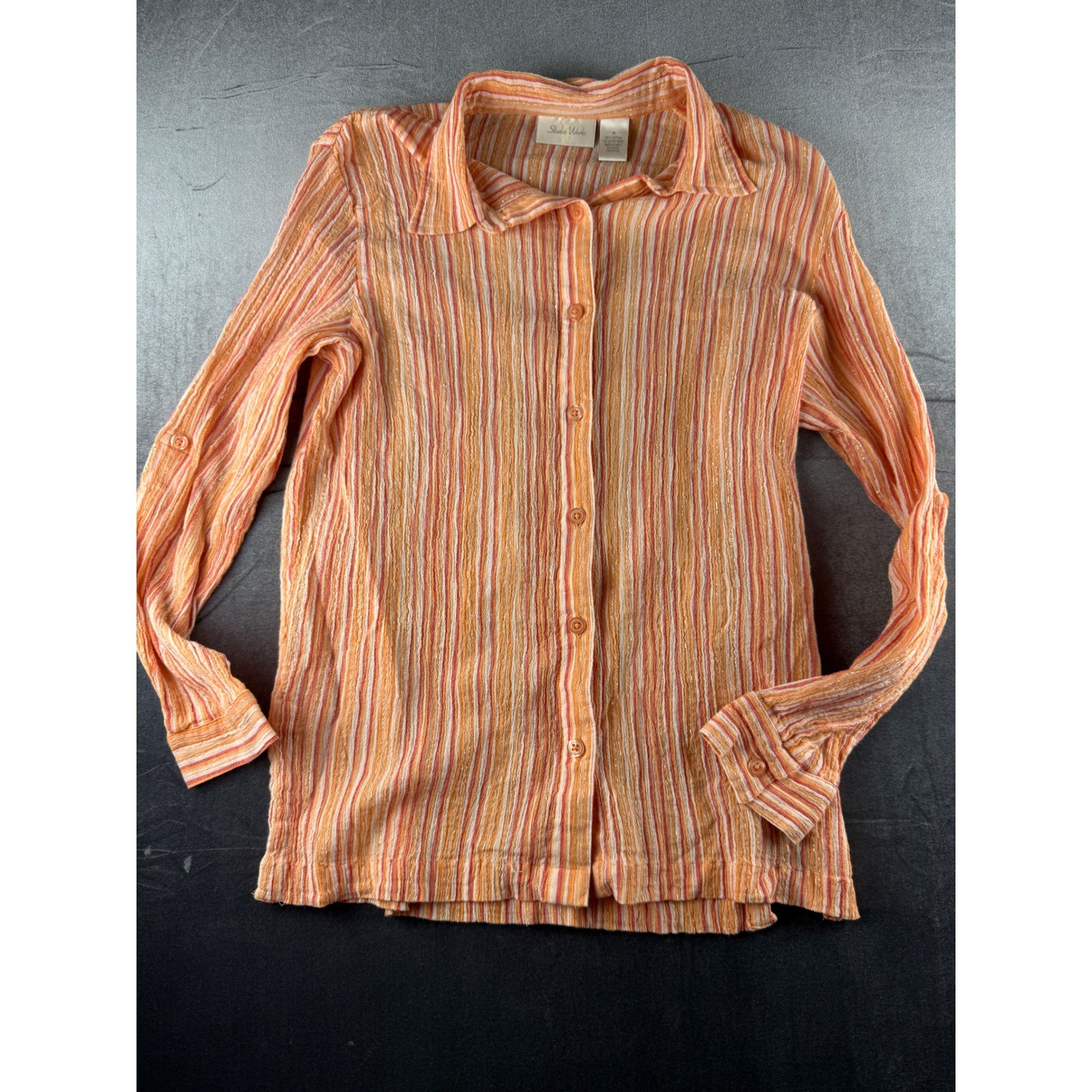 Studio Works Womens Orange Striped Metallic Button Down Shirt Size M Long Sleeve