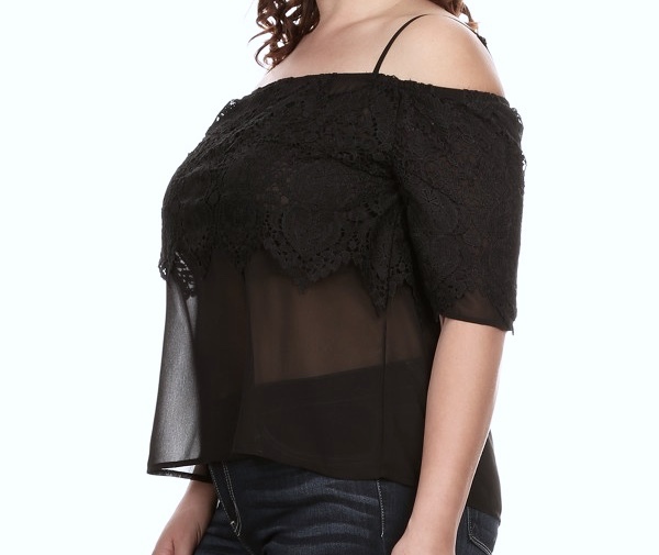 C.O.C. Tiered Crochet Lace Off the Shoulder Top Blouse Black Plus 1XL 2XL 3XL