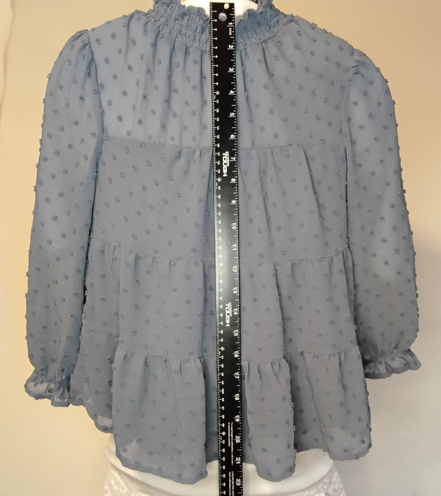 Monteau LA Boho WomensLg Top Dusty Blue Peplum Chiffon Peasant Sleeves Ruffle