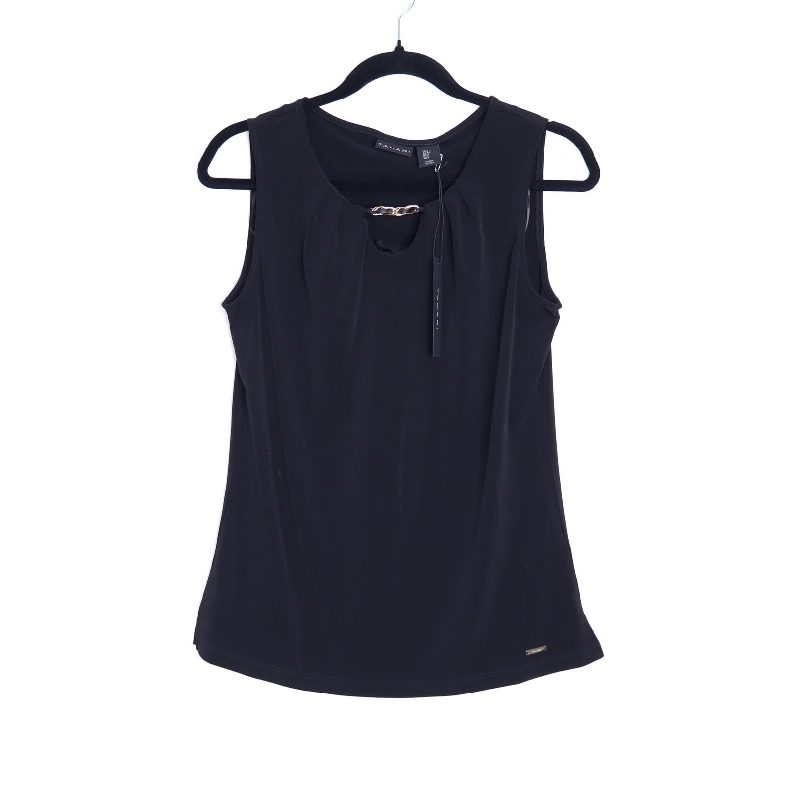 TAHARI Sleeveless Jersey Knit Blouse NWT Black Chain Link Neckline Women’s S