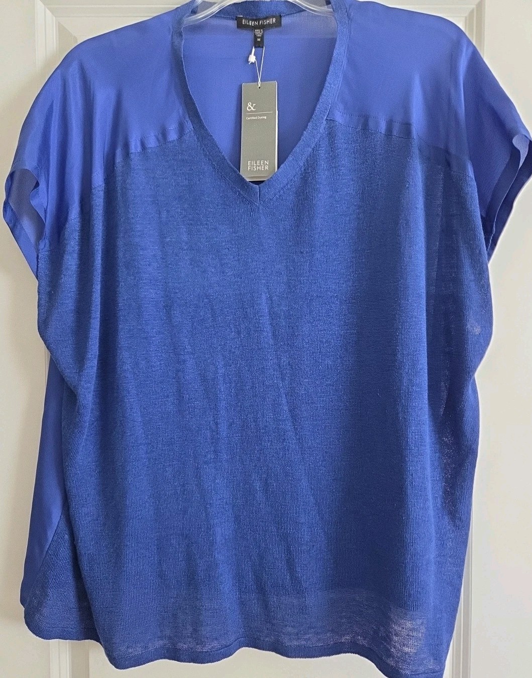 EILEEN FISHER Royal Blue Linen and Silk V Neck Blouse Top Cap Sleeves Medium NWT
