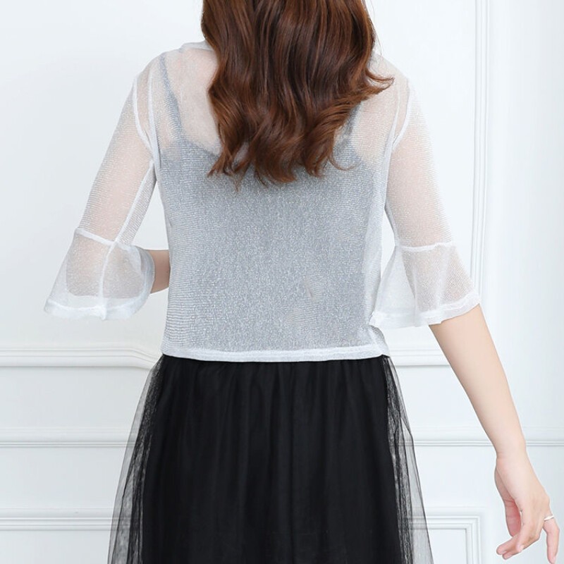 Lady Faux Silk Mesh Cardigan Flared Sleeve Cropped Tops Bolero Shrug Shawl