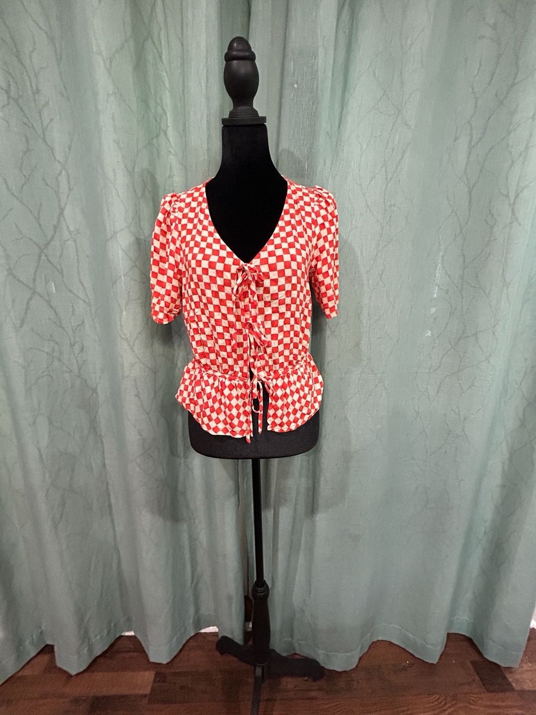 FRNCH Paris Red and White Checkered Plaid Tie Front Peplum Blouse Size S