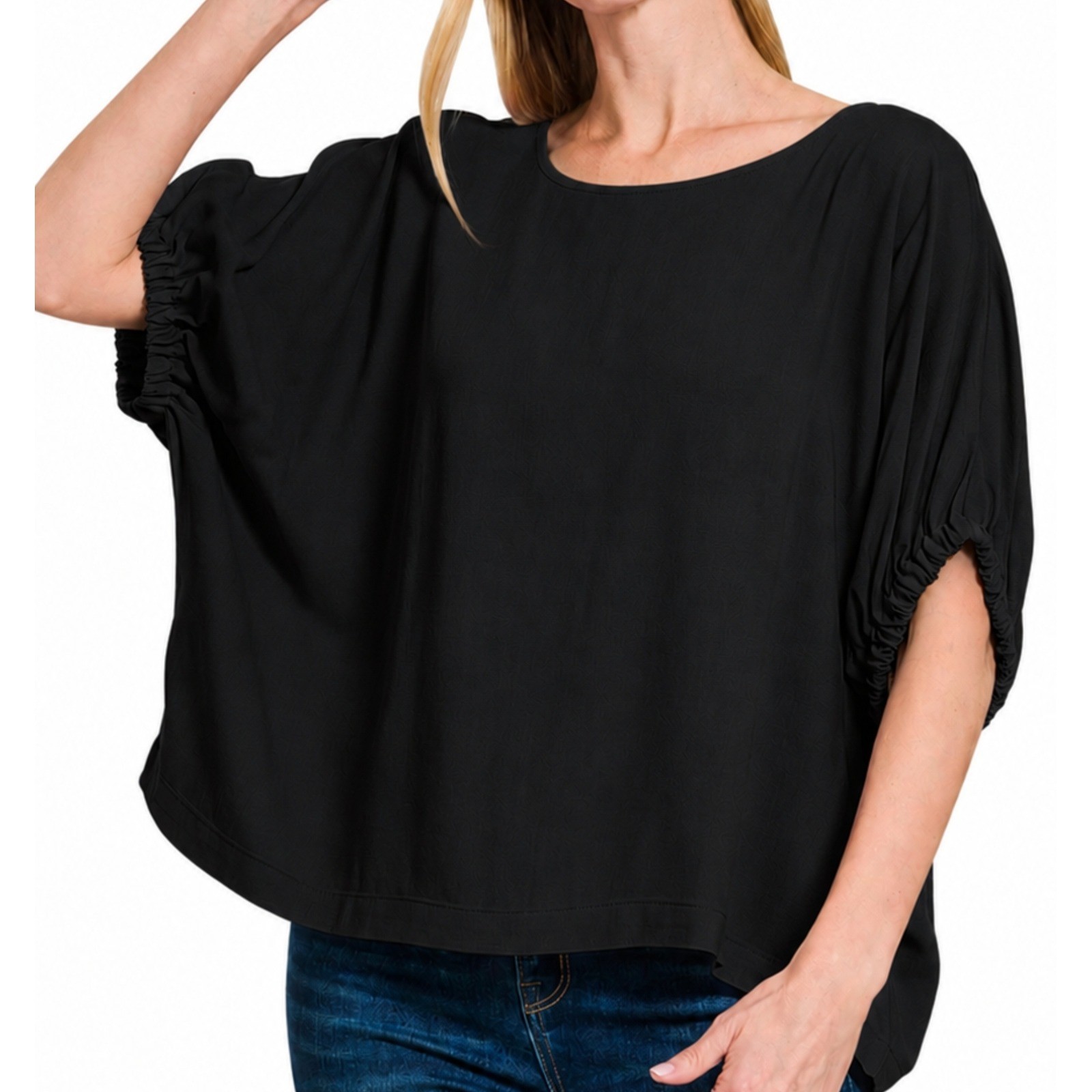 Zenana Woven Oversized Boxy Top Black Ruched Dolman Sleeve Blouse Small