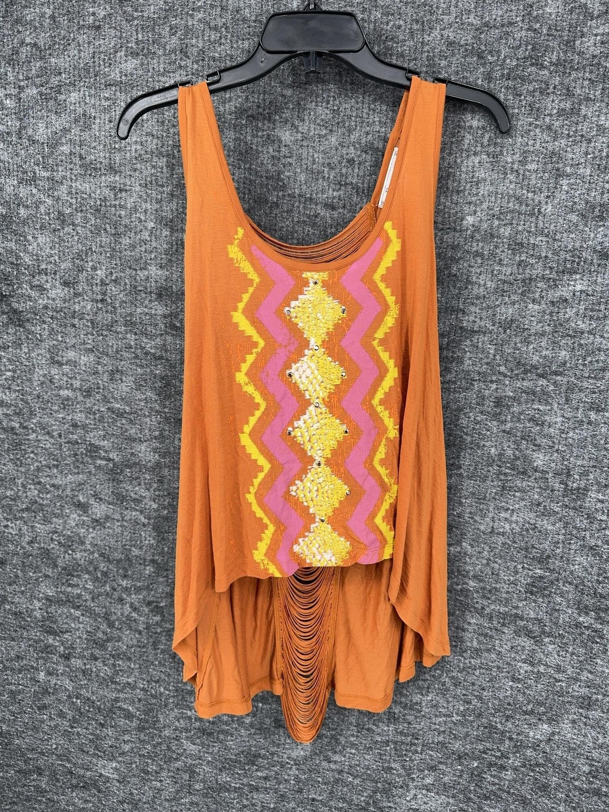 Decree Tank Top Juniors XL Orange Sequin Geometric Hi Low Ladder Back Boho