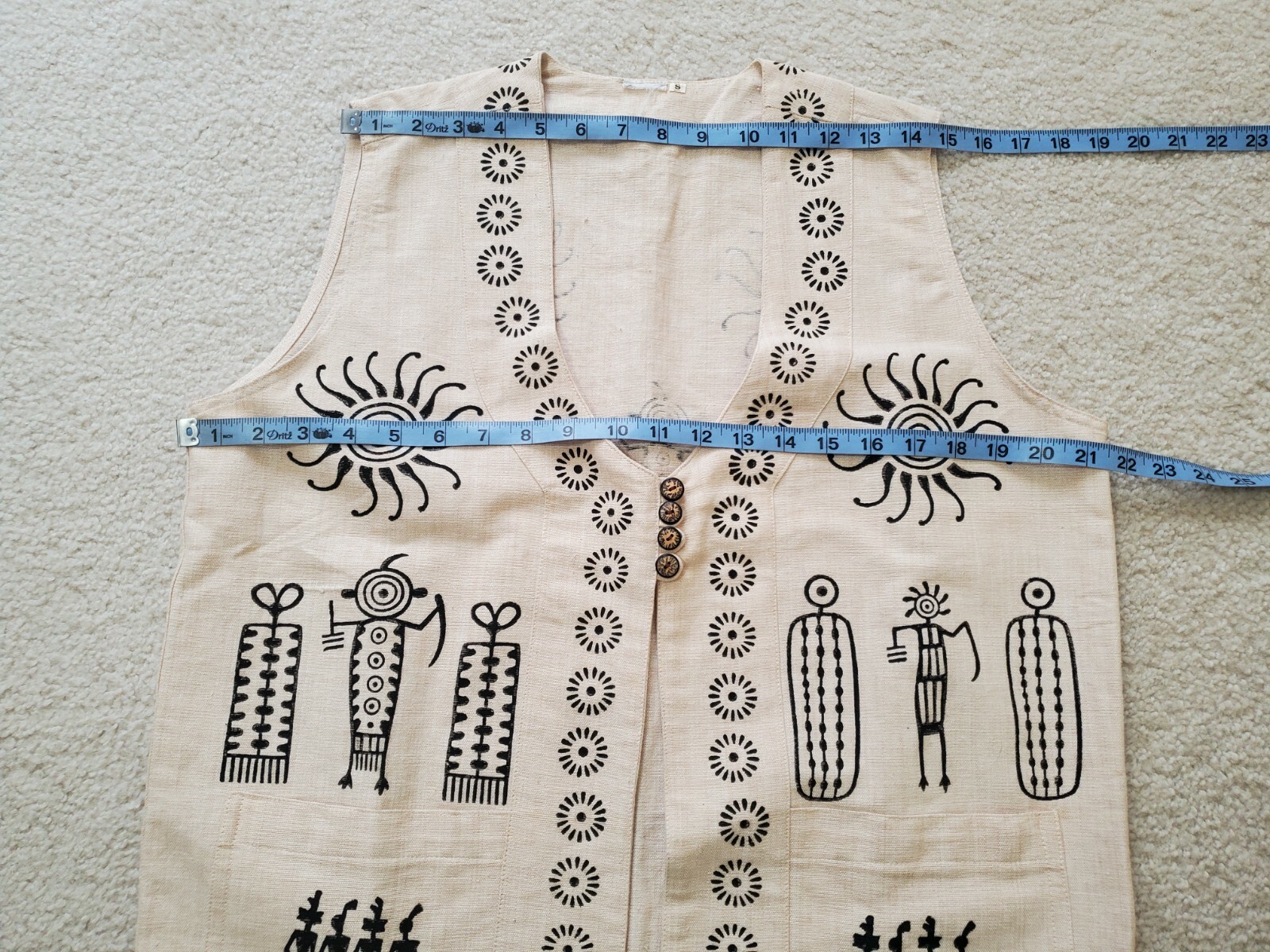VTG Venus Imports Ivory Raw Cotton Black Primitive Print, Nepal Vest Sz.S