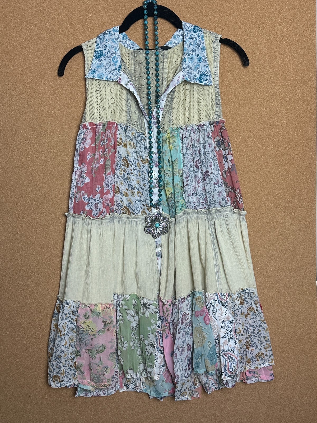 PLUS Size Overdyed Patchwork Block Vintage EMBROIDERED Laced BOHO TUNIC TOP