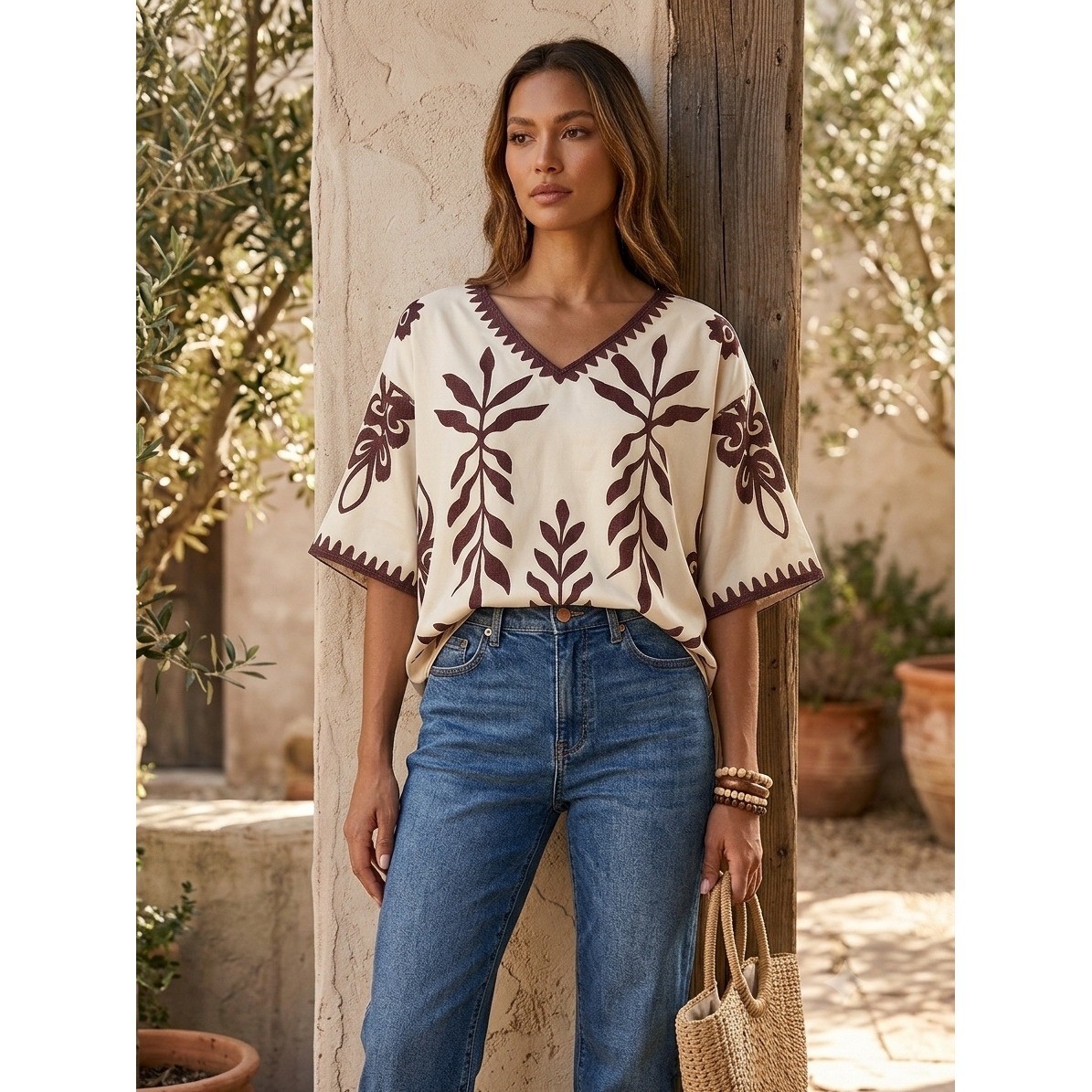 SHEIN Womens XL Boho V-Neck Botanical Print Relaxed Blouse Cream Burgundy