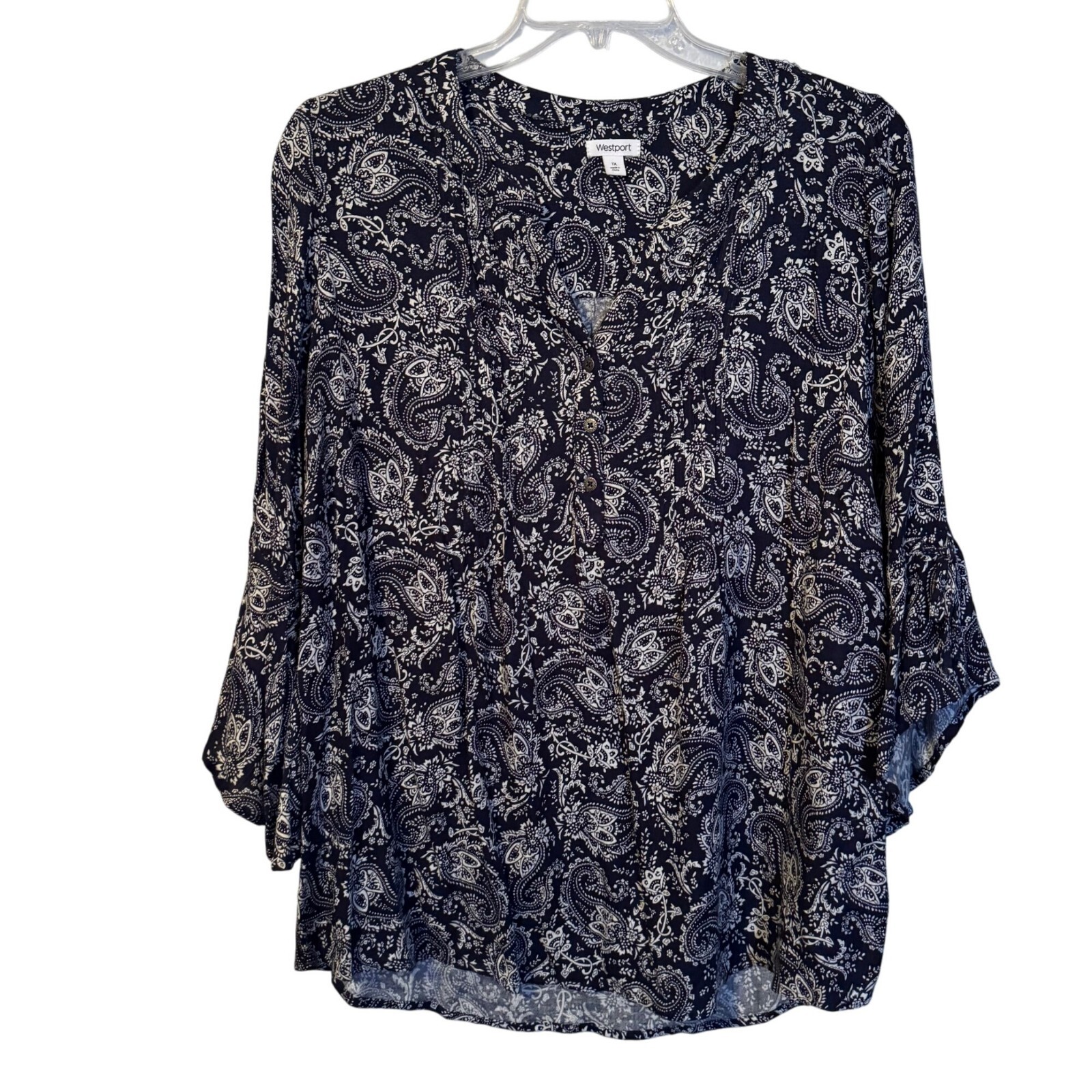 Westport Womens Blouse Sz 1X Navy & White Paisley Print 3/4 Sleeve Blouse