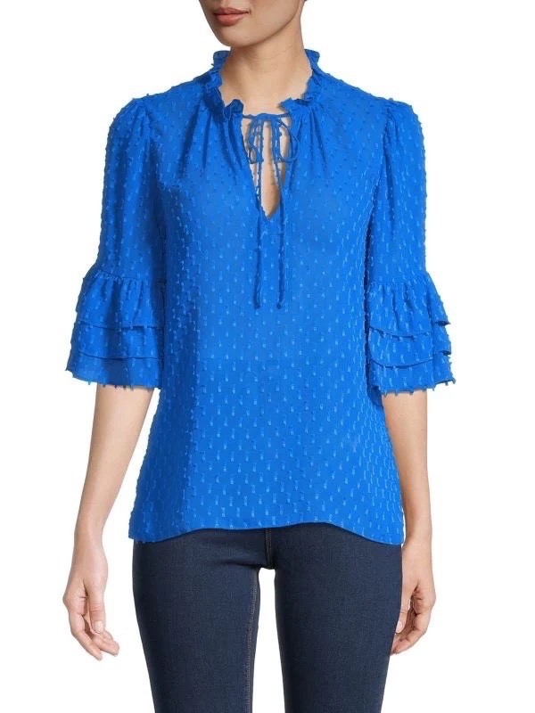 ALICE + OLIVIA JULIUS SWISS-DOT TIE-NECK BLOUSE, PALACE BLUE, NWT $330
