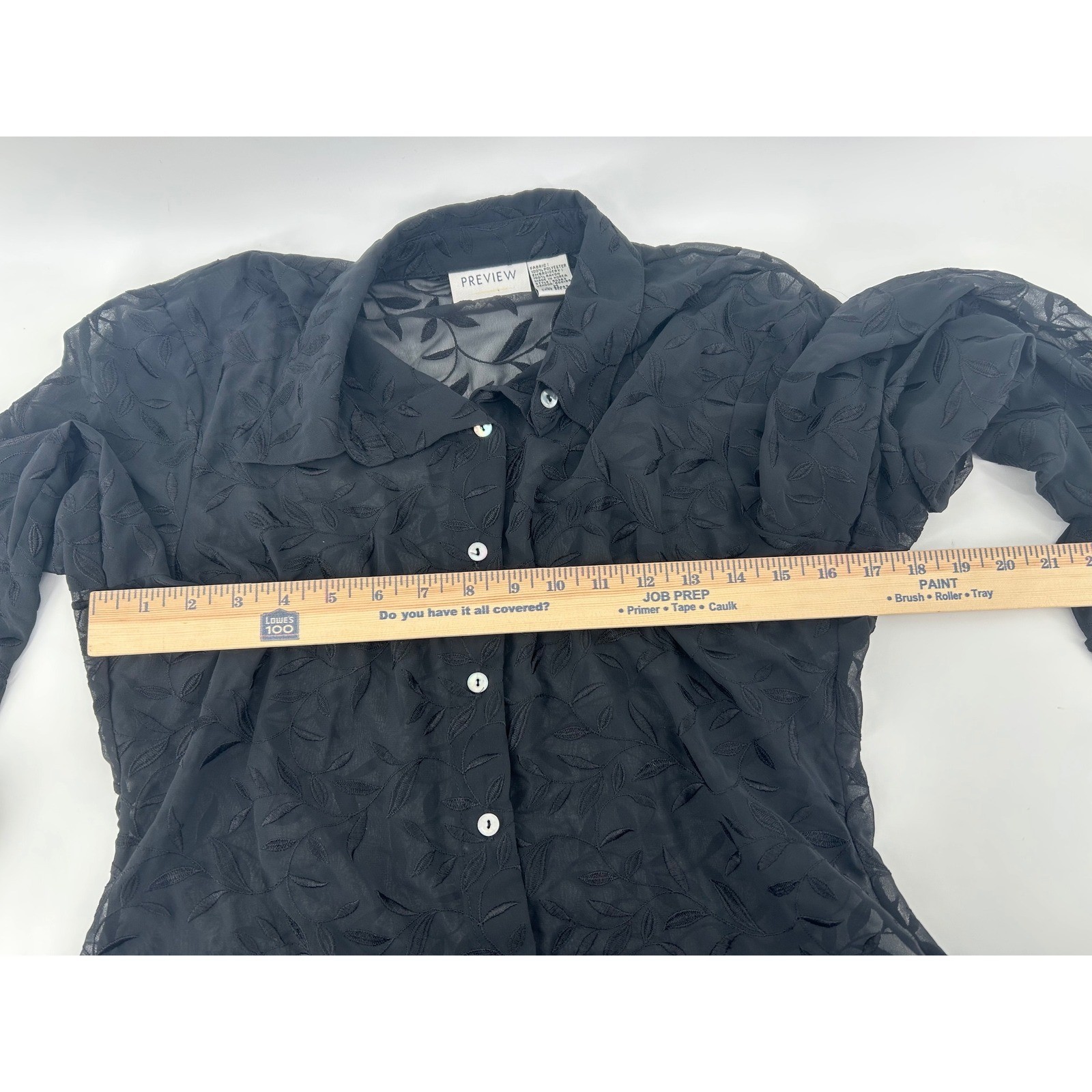 Preview Collection Black Sheer Leaf Embroidered Button Down Blouse Top Womens M