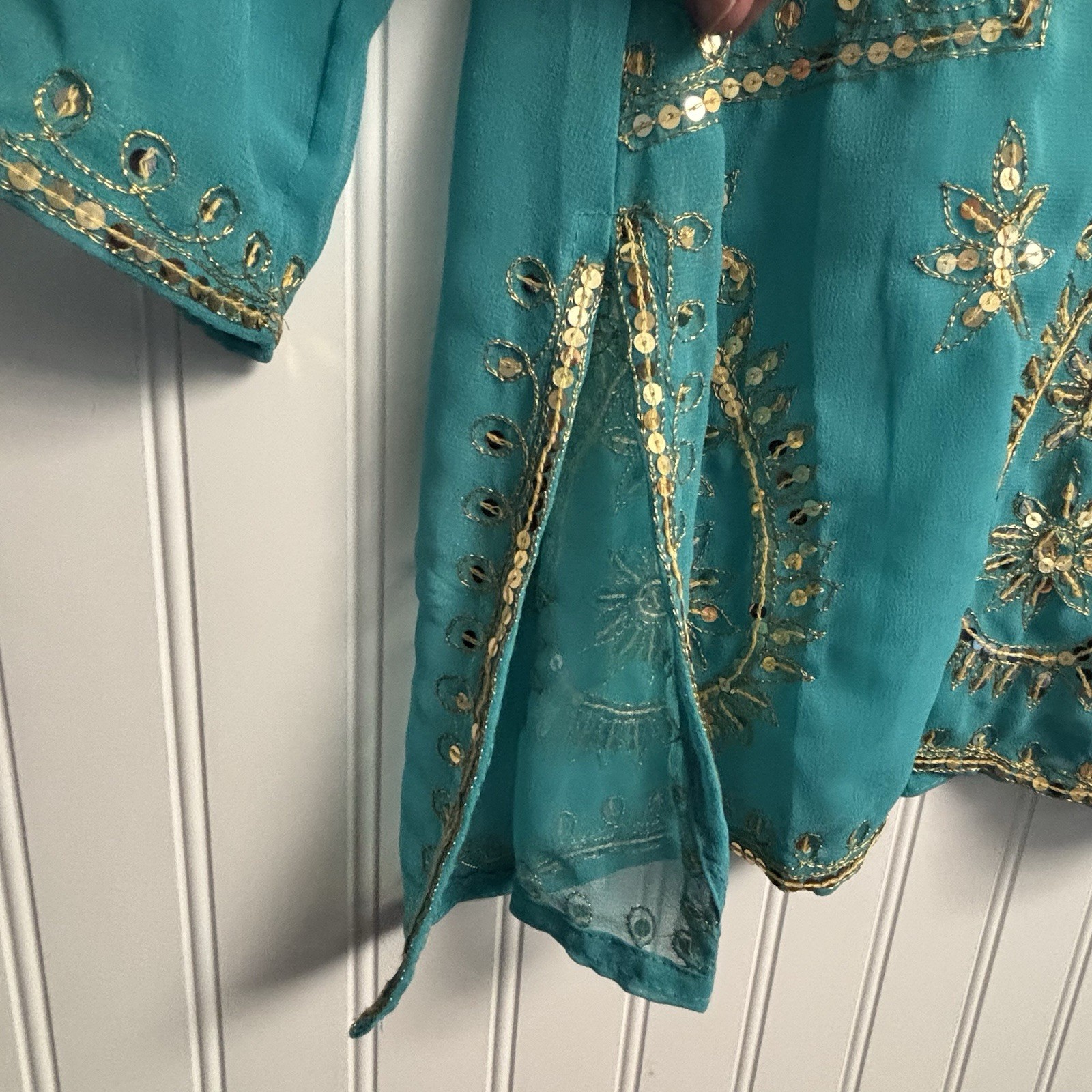 Zolena Tunic Top Cover Up Sheer Beaded Turquoise LG India Resort Boho Cruise