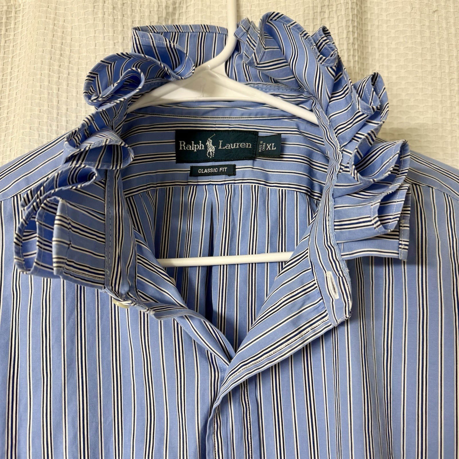 Upcycled Ralph Lauren Men’s Button Up Shirt Into Women’s Top W/ Ruffle Collar XL