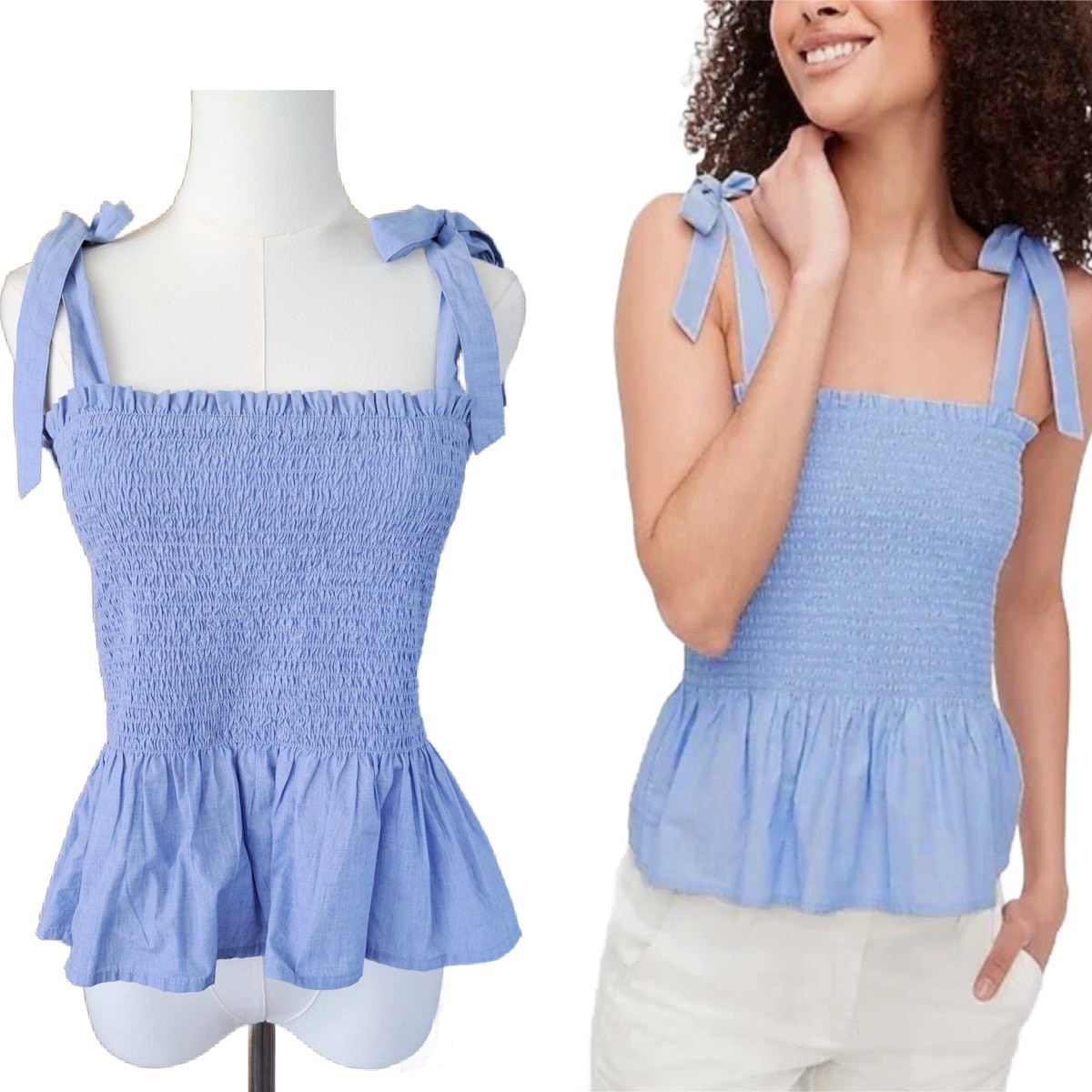 J. CREW Light Blue Smocked Tie Shoulder Top Small Casual Cute Summer Peplum
