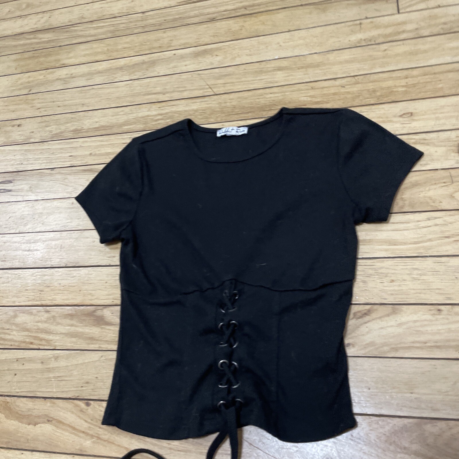 Rabbit Rose T-Shirt Tee Womens XS Crop Top Black Corseted Goth Witchy Ribbed XS