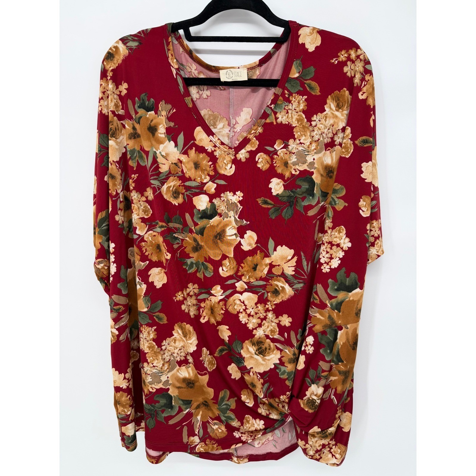 BE STAGE Burgundy Floral Twist Hem V Neck Long Sleeve Tunic Top 3XL