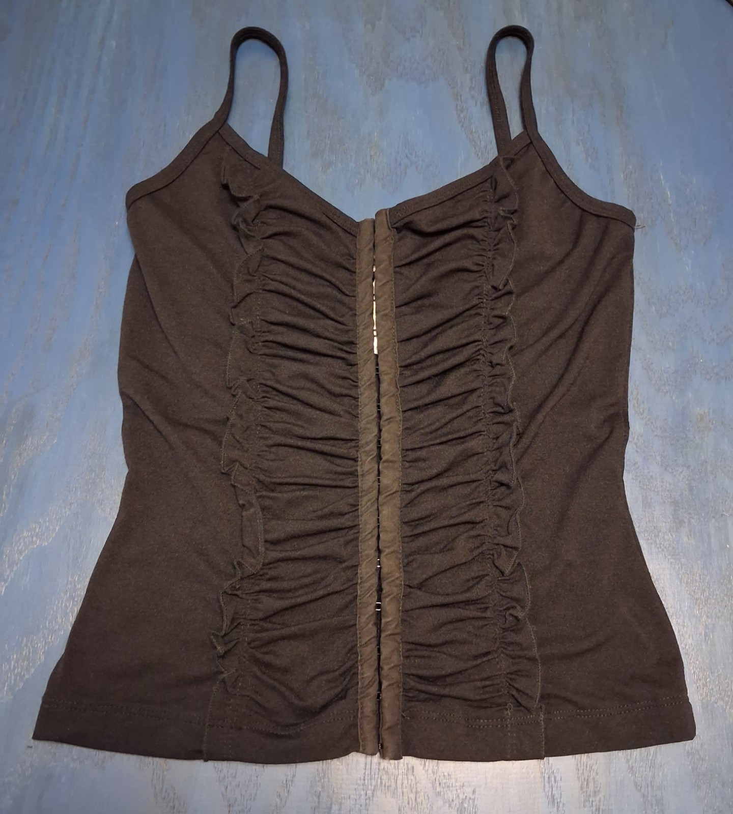 Vtg Y2K XOXO Black Corset Tank Top M Ruched Hook & Eye Ruffle Cami Whimsygoth
