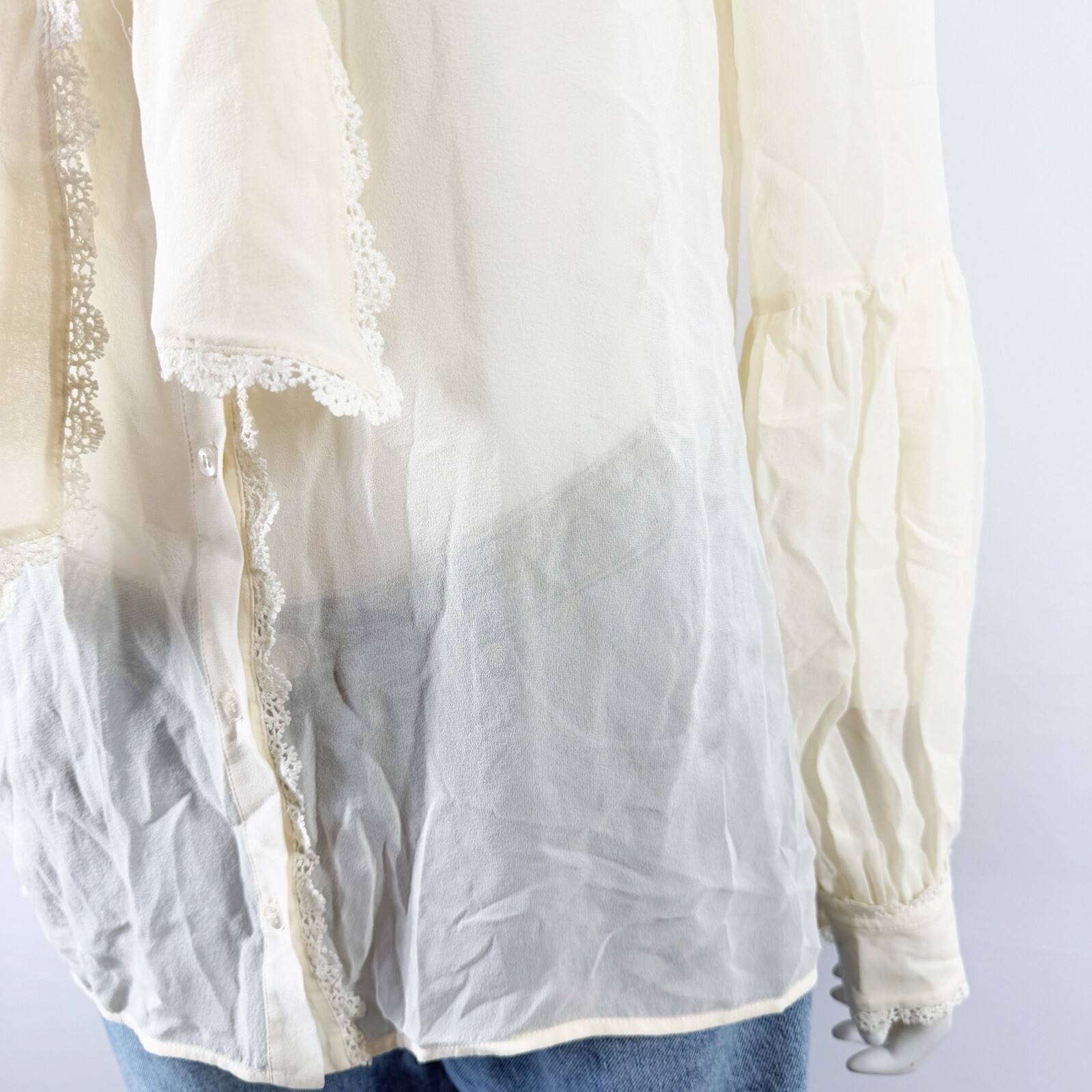 Pinko Ivory Sheer Silk Long Sleeve Blouse Crochet Lace Hem Womens 8