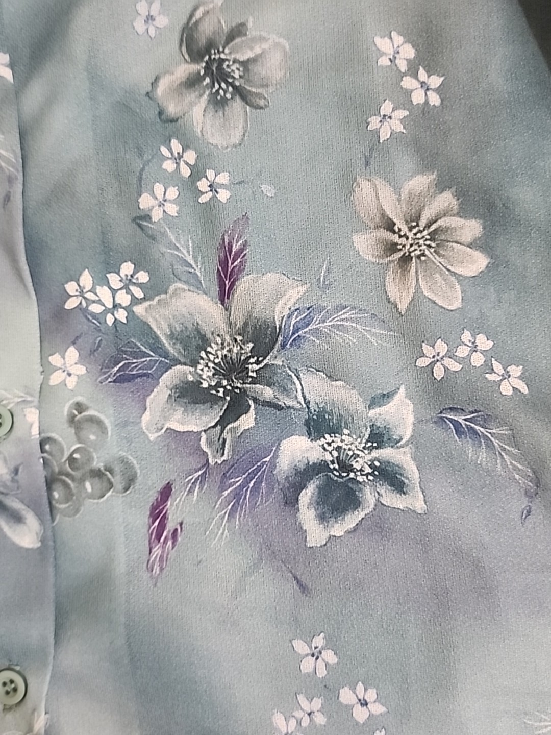 Vintag Blouse Top SIZE LARGE Blues Ruffle Neck 70s 80s Ruffle Cuffs Floral #1540